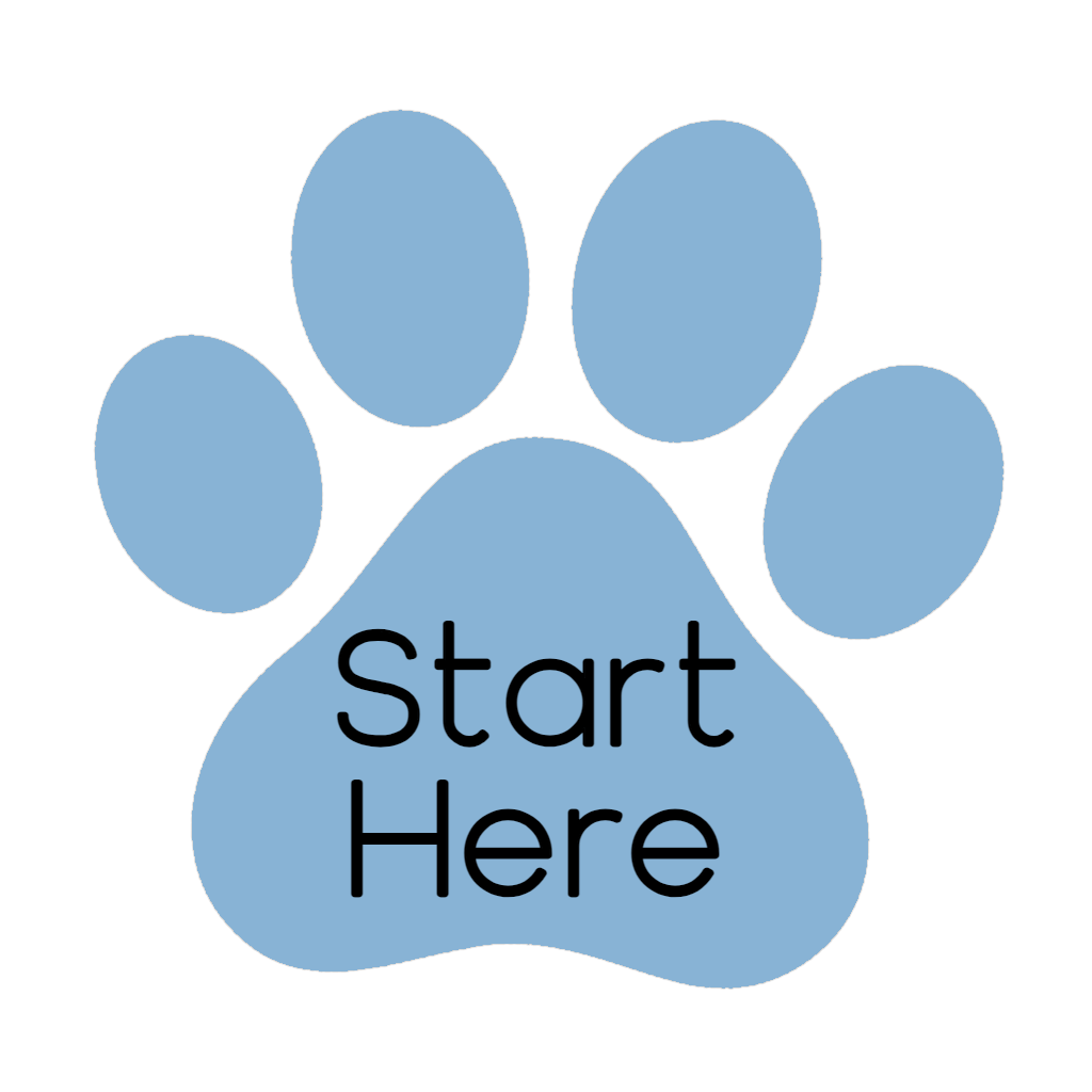 A paw print with the words " start here ".